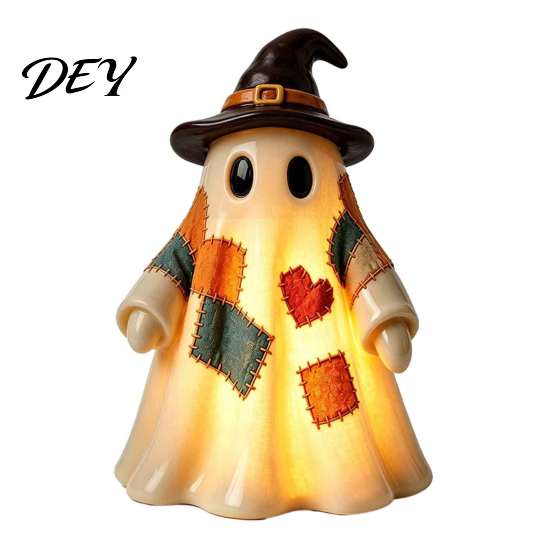 Tiered Tray Halloween Decoration Lighted Vintage Patchwork Ghost, Decor for Home Display, Vintage-inspired Ghost Figurine Rustic Fall with Soft