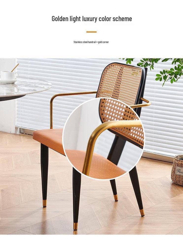 Nordic Light Luxury Wrought Iron Rattan Dining Chair - European Style for Home, Hotel, Cafe, or Leisure.