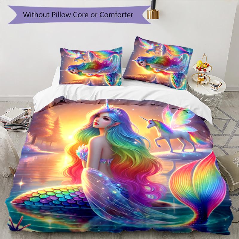 Mermaid 3pcs Bedding Set Duvet Cover Closure Includes 1 Duvet Cover & 2 Pillowcases for All Seasons Bedroom Home Dorm Decor