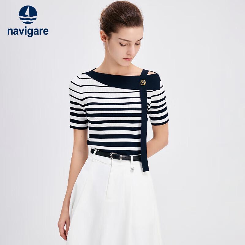 Navigare Women's Striped Color Block Slim Fit Short Sleeve Knit Top