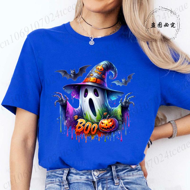 Women Cute Spooky Witch Print T Shirt Graphic Harajuku Streewear Halloween Horror Graphic Tee Clothes Causal Female Y2K Tops Tee