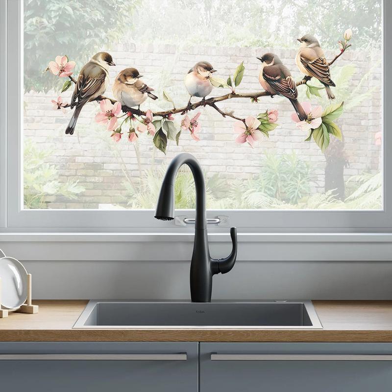 Colorful Flower Branches Bird Glass Windows Home Beautification Decoration Electrostatic Window Stickers Self-adhesive Removable