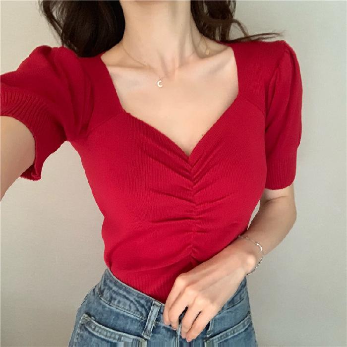 Sommer Neu Koreanische Version Retro Puffärmel Kurzer Saum Slim V-Ausschnitt Kurzarm Strickpullover T-Shirt Damen