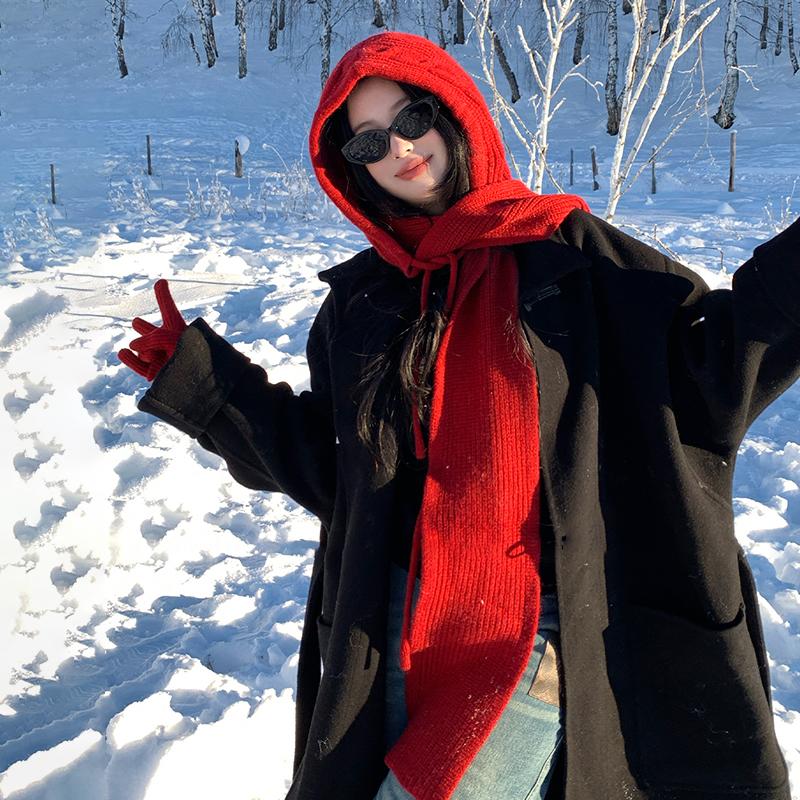 Autumn Winter Warm Hat And Scarf In One Korean Style Plain Casual Knitted Hat
