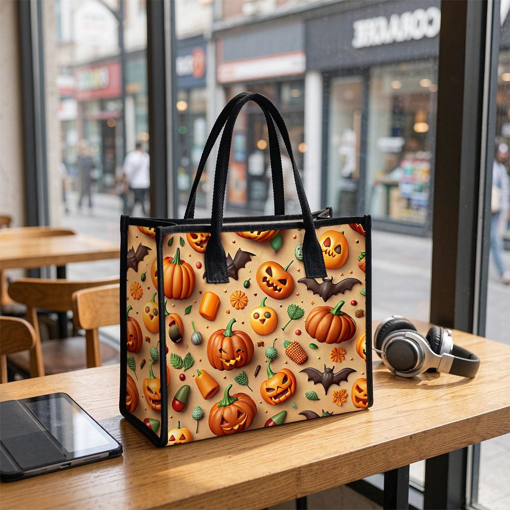 Halloween Pumpkin Bat Print Tote Bag Fashion Large Capacity Handbag for Daily Use Party