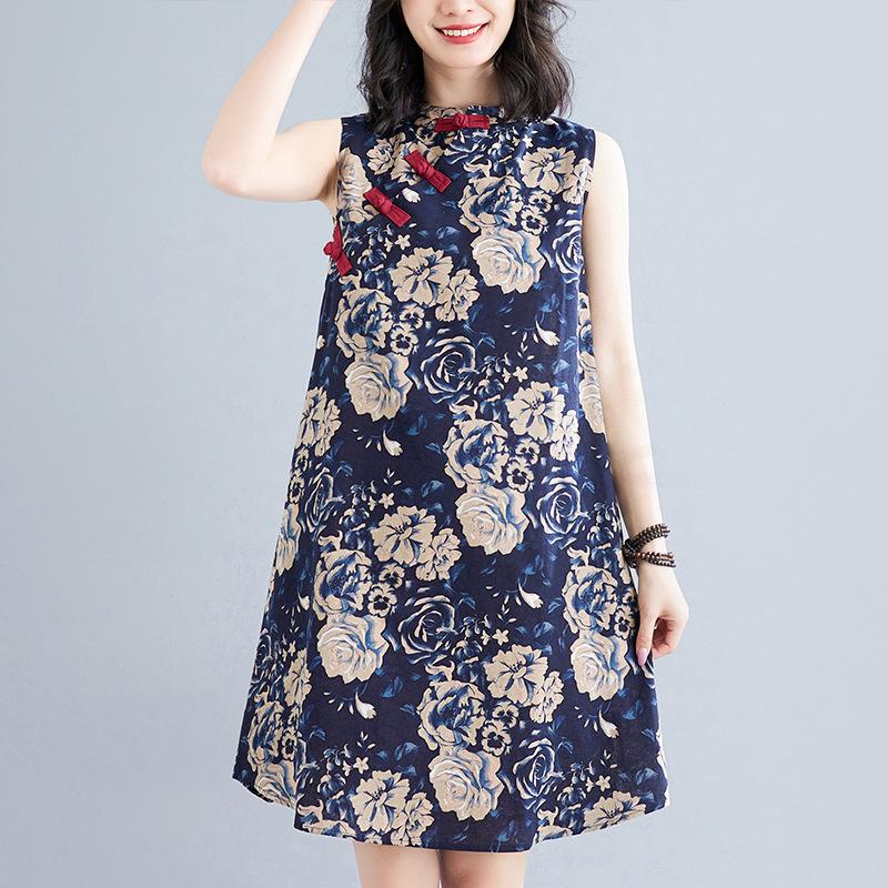 Retro Modified Disc Button Cheongsam Skirt Loose Slimming Sleeveless Printed Dress