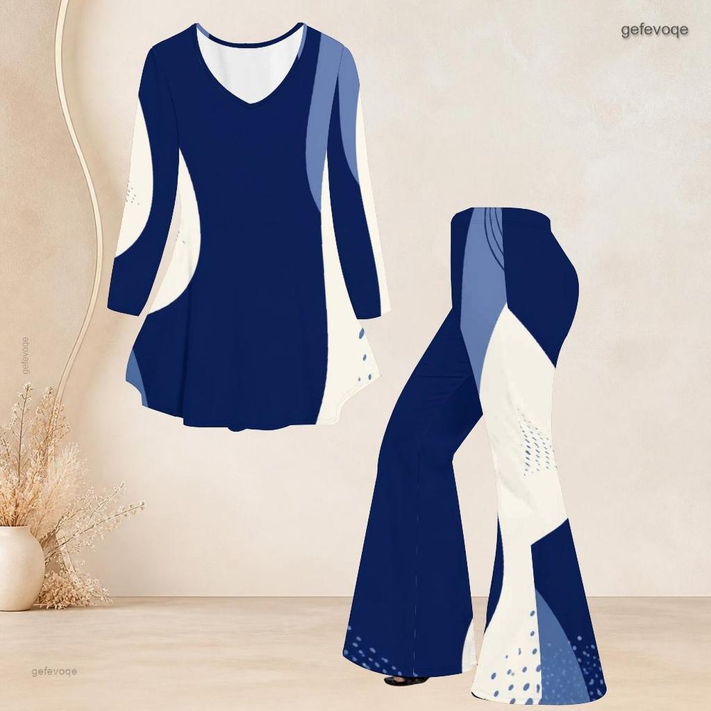 Women Plus Size V Neck Long Sleeve Navy Blue White Printed Top And Flared Pants Two Piece Set