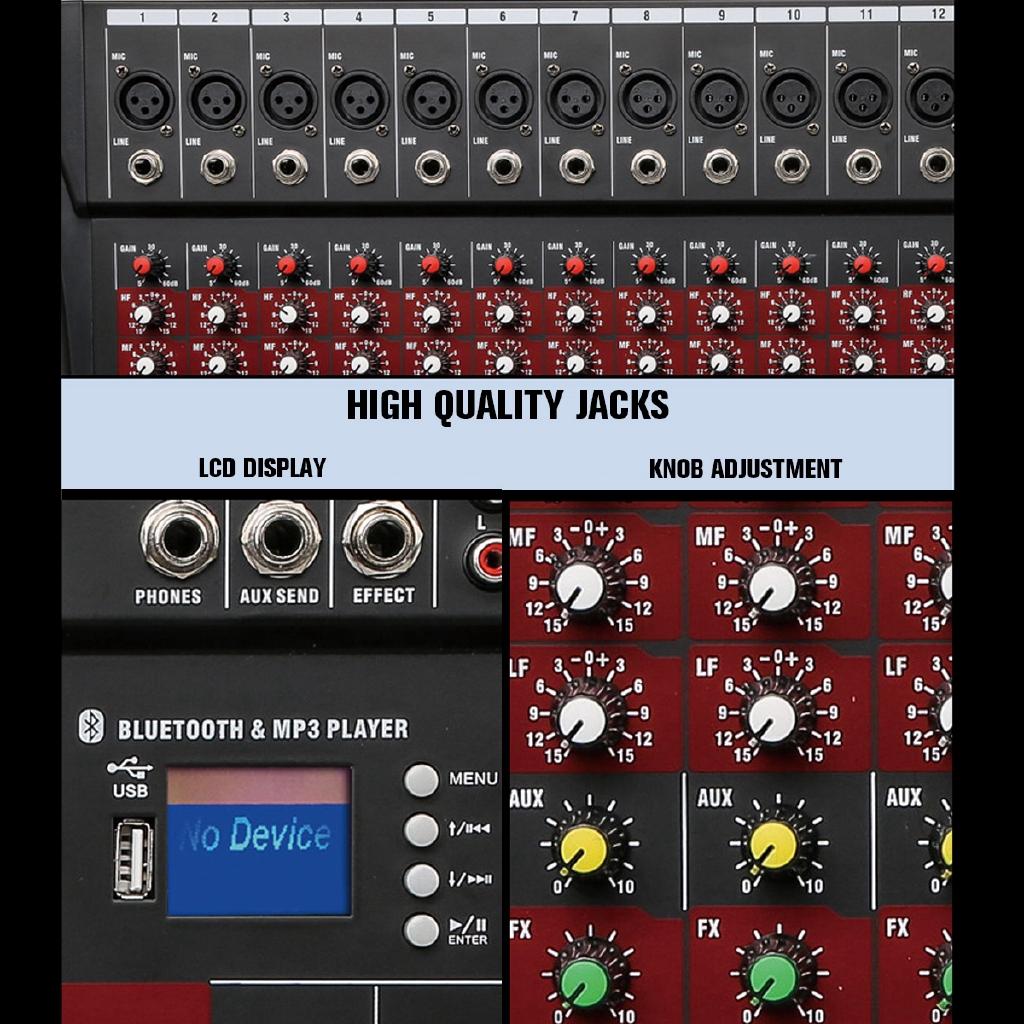 12 Channel Bluetooth Live Studio Audio Mixer Mixing Console w/ USB XLR Input 48V Black