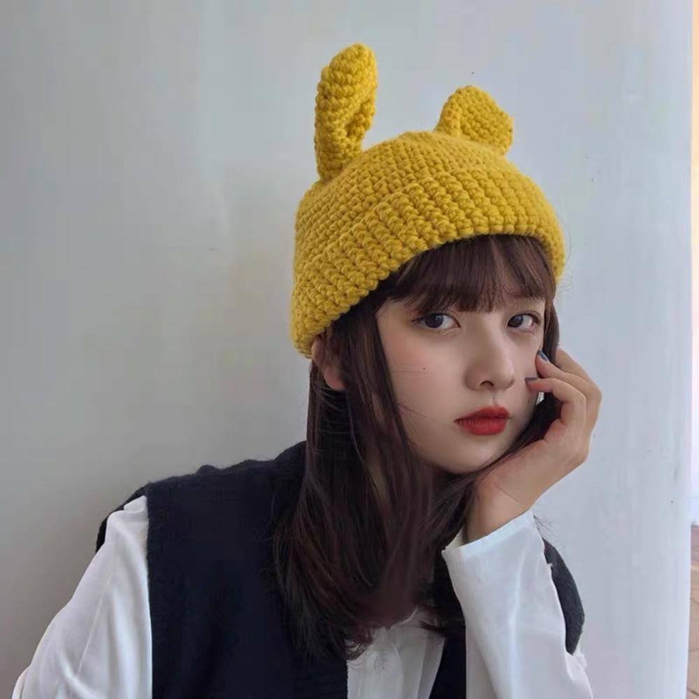 with Ears Cartoon Skullies Beanie Crochet Knit Cap Cute Winter Knitted Hat  Men Women