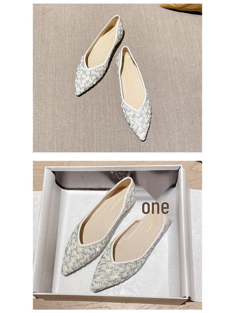 Weiwei Women's Rhinestone Pointed Toe Flats - Low Heel Slip-on Loafers with Soft Sole