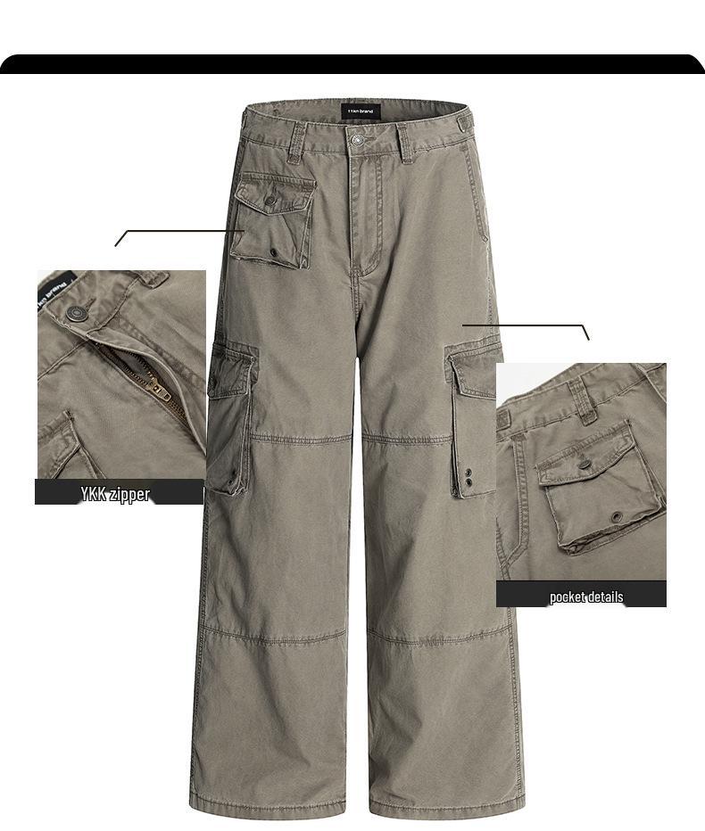 Yongfang Unisex Retro Spodnie Casualowe z Wysokim Stanem i Wieloma Kieszeniami z Kontrastowymi Przeszyciami.