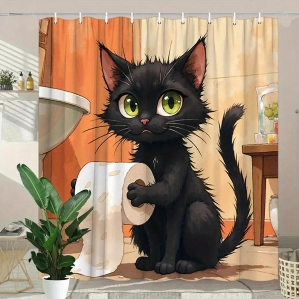 1Pc Black Cat Toilet Paper Shower Curtain - Green Eyes, Slightly Annoyed, Earthy Tones, Polyester, Humorous Design
