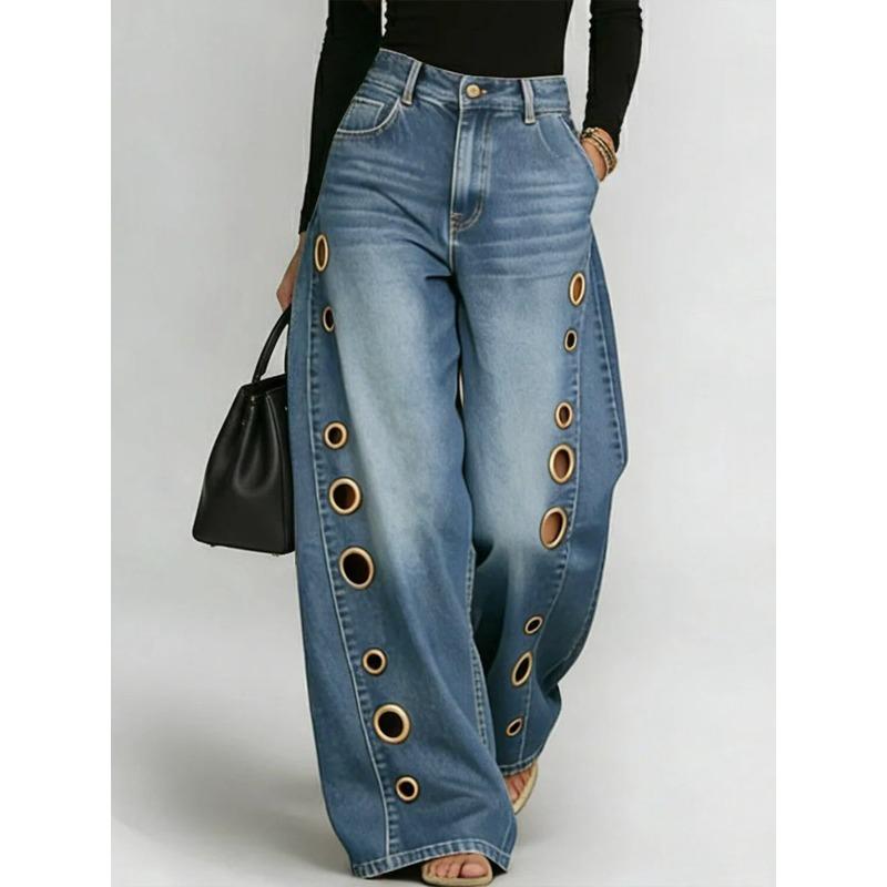 Spring and Summer New Metal Heterosexual Corns European and American Women's Clothing Solid Color Horse Slip Loose Jeans