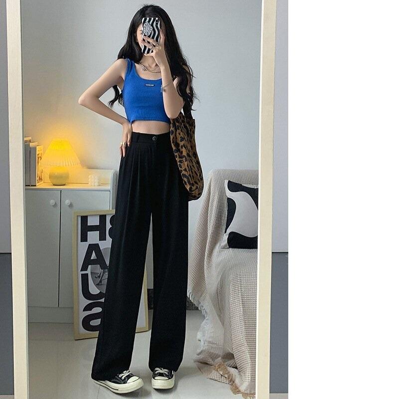 

Женские брюки с высокой талией, осенние прямые офисные женские брюки корейской моды, повседневные свободные брюки с застежкой на пуговицы, женские брюки с высокой талией, повседневные брюки для костюма XL чёрный