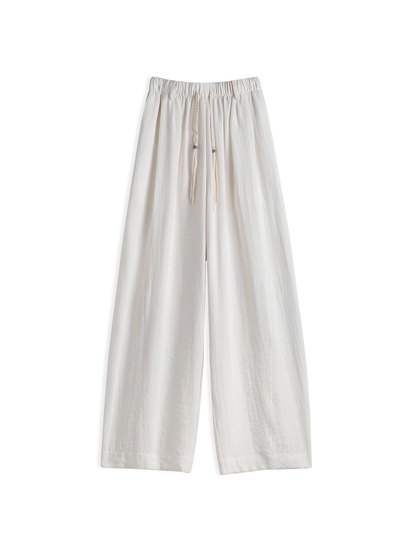 

Linen Elastic Waist Drawstring Wide-Leg Trousers L брудно-білий