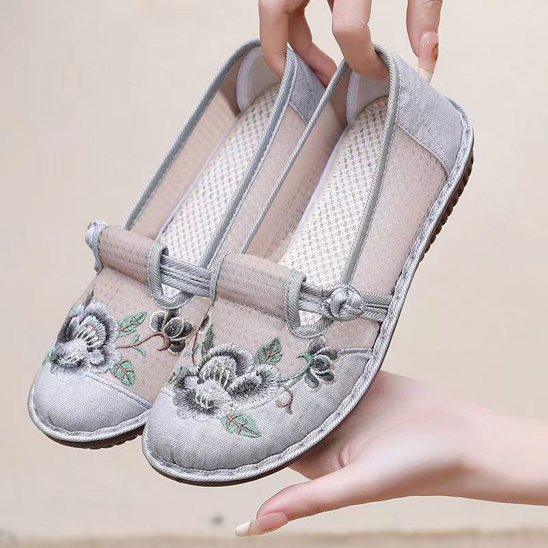 New Old Beijing Cloth Shoes Women's Breathable Mesh Ethnic Style Embroidered Shoes Middle-aged and Elderly Soles Sandals Mother Shoes