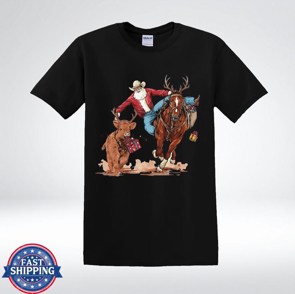 

Cowboy Santa Riding Horse With Calf Christmas Western Holiday Graphic T-Shirt XL