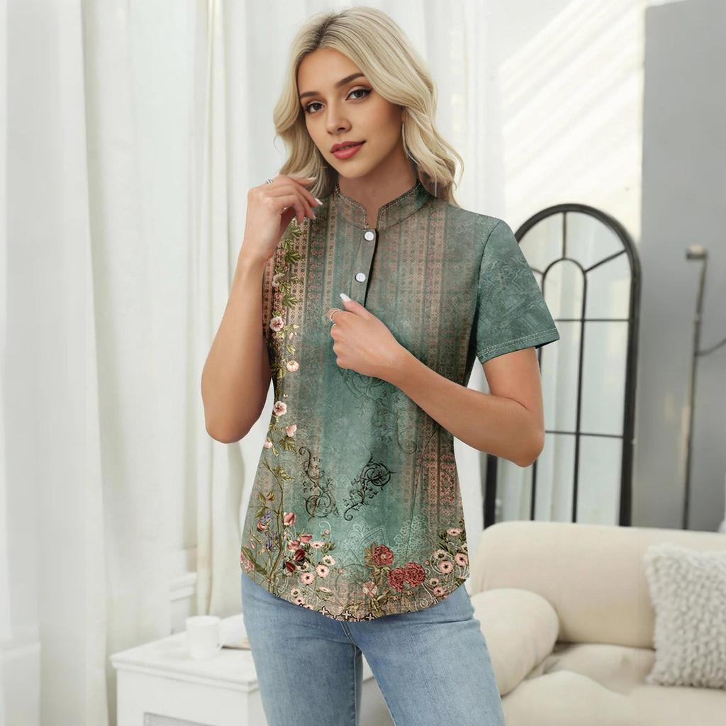 Maglietta casual da donna con stampa floreale, scollo a V, manica corta, bottoni decorativi