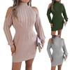 Women's Fashion Casual Off-Shoulder Turtleneck Cable-Knit Puff Sleeve Bodycon Sweater Dress