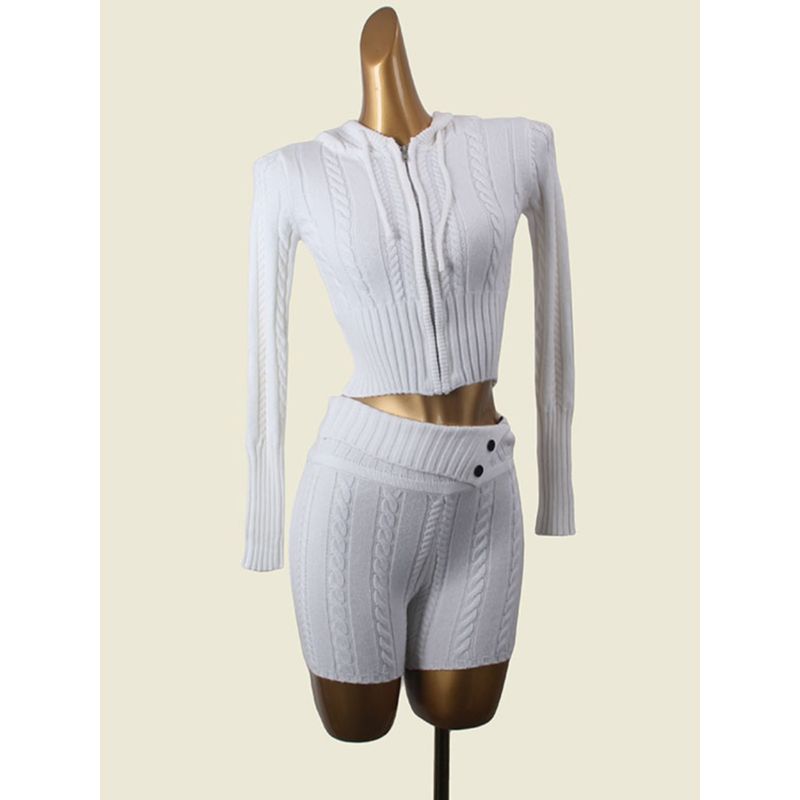 American Sexy Front Zipper Slim Fit Hooded Knitwear Export Cable Stitch Twisted String Hip Shorts Two-piece Set Pack