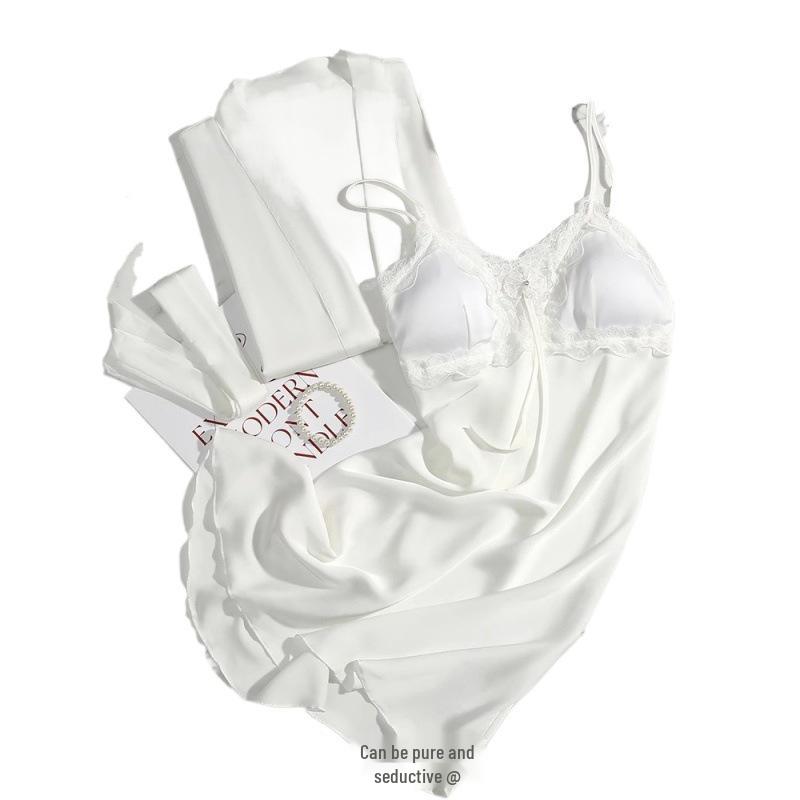 Elegant Women's Ice Silk Nightgown Set with Chest Pads - Spring/Summer 2025 Gift Box Edition