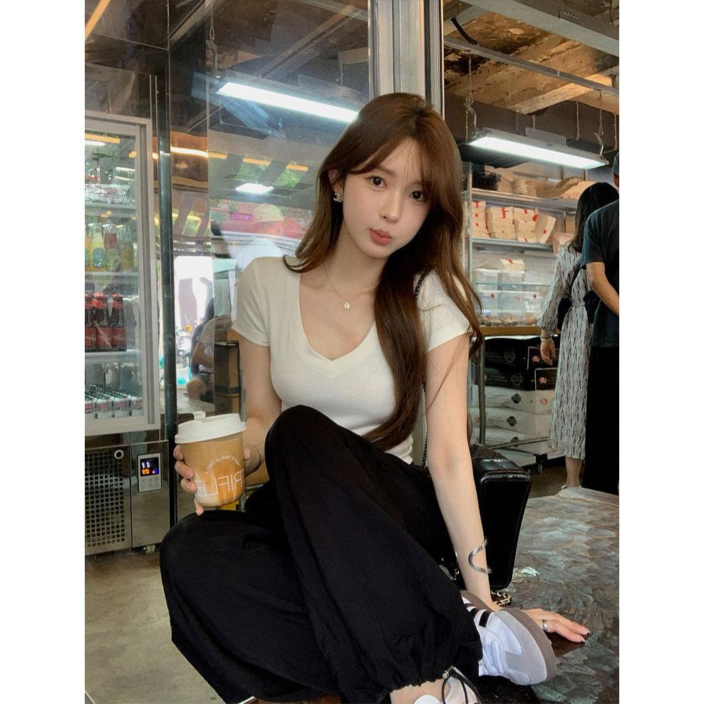 

Korean careful machine V-neck solid color short-sleeved T-shirt women, summer new slim-fitting and thin top S
