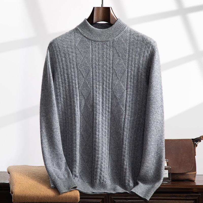 Men's Cashmere Cable Knit Sweater - Autumn/Winter 2025, Loose Fit, Semi-High Neck, Gentle Style