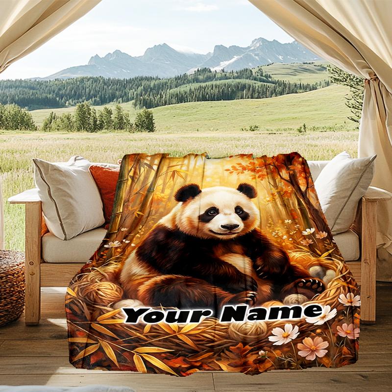 1PC Custom Name Panda Autumn Forest flannel blanket versatile,all-season throw suitable for the living room,bedroom,camping,travel,and gift
