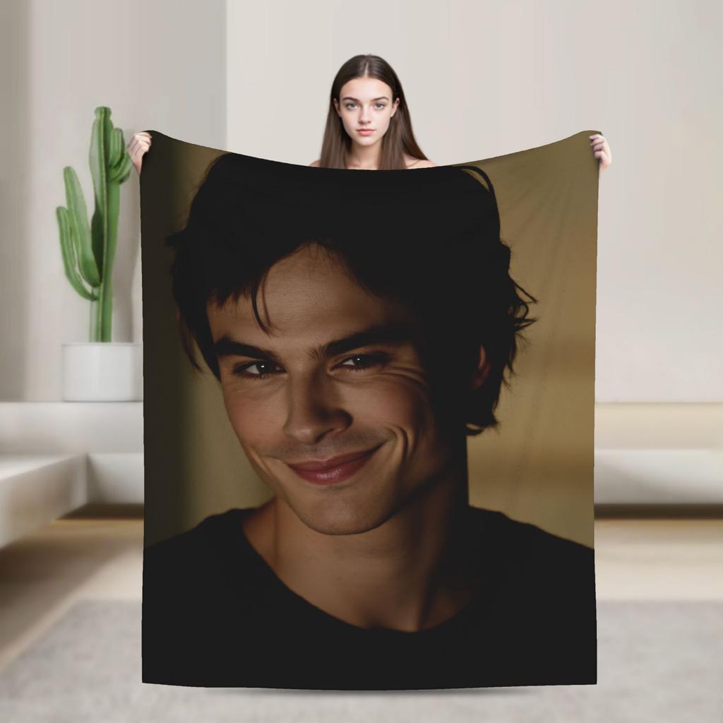 Damon Salvatore The Vampire Diaries Flannel Blanket Winter Super Warm Bedding Throws for Girls Boys Outdoor Bedspread Bed Cover