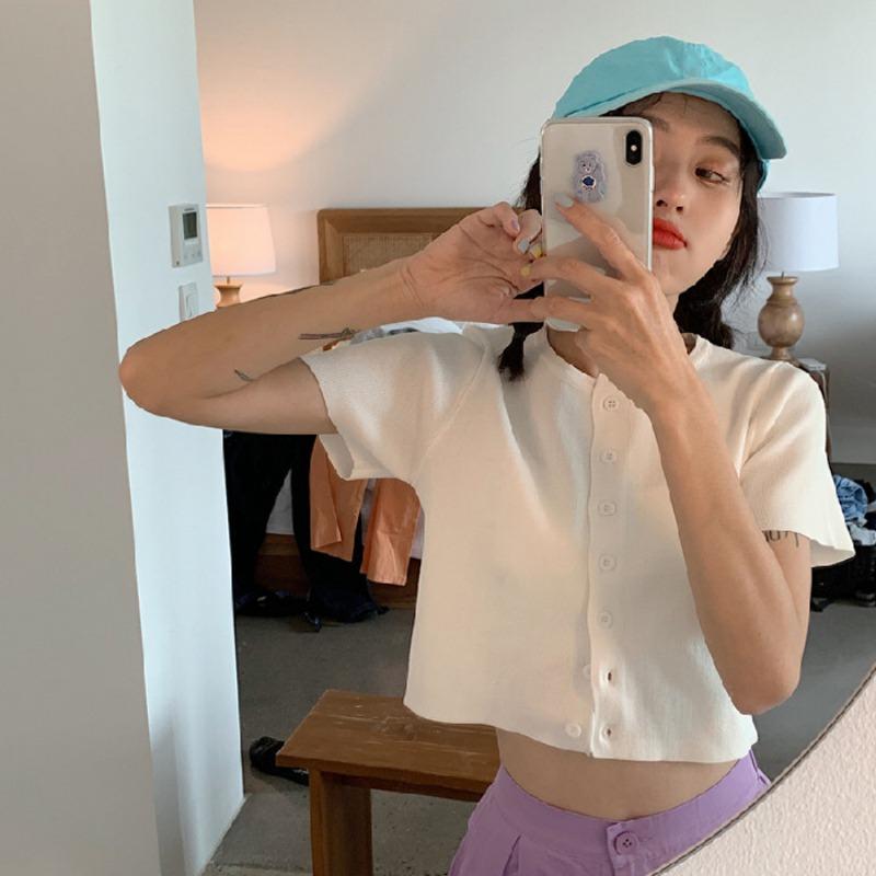 Summer Round Neck Solid Casual Fashion Tank Top Women Short Sleeve All-match Knitting Cardigan T-shirt Tee