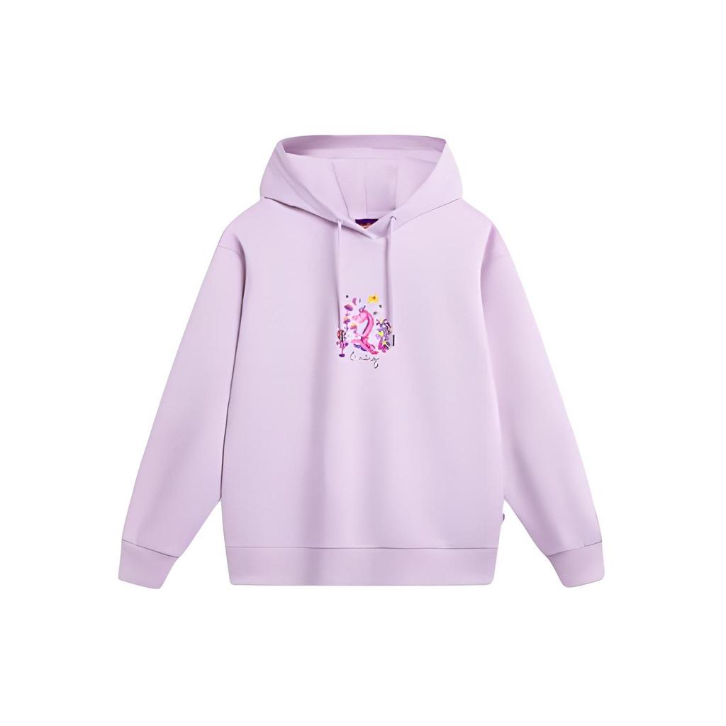 Li Ning Sports Lifestyle Series Hooded Drawstring Loose Drop Shoulder Pullover Long Sleeve Sweatshirt Women sweatshirt Light-Mist-Purple AWDU032-6