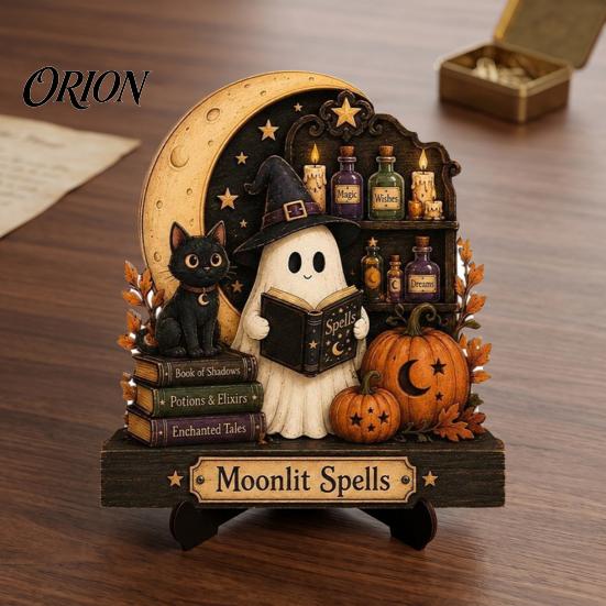 Niche Gothic Room Accessories Halloween Reading Ghost Figurine, Retro Wooden Statue, Vintage Desktop Bookshelf Decor Ornament with Stacked Book