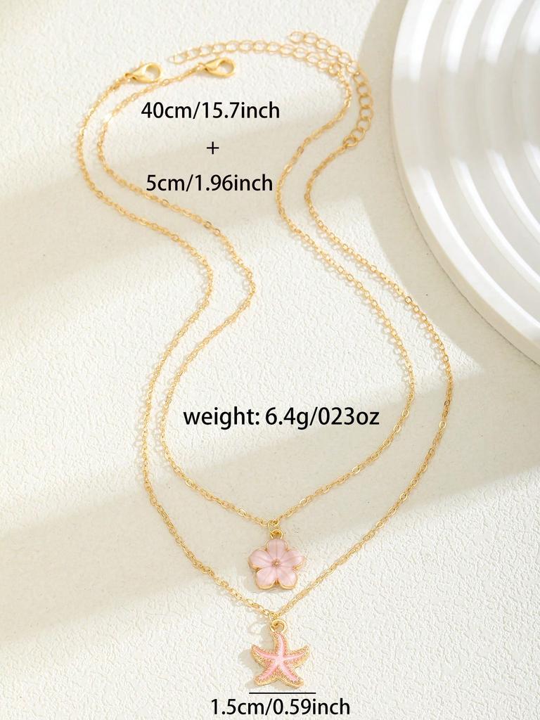 2Pcs/Set Sweet Flower & Starfish Pendant Necklace, Double Layer Gold Chain Beach Party Jewelry For Women