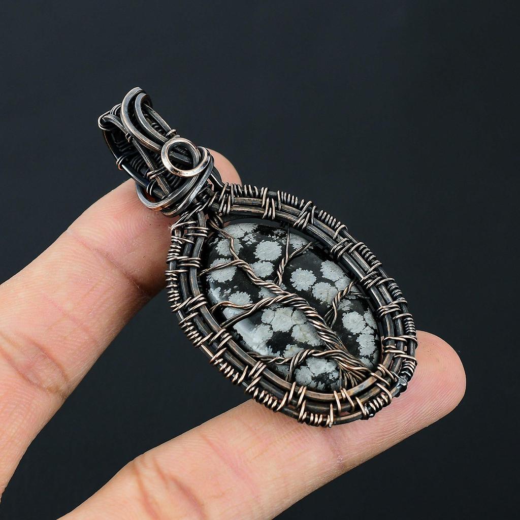 Tree Of Life Snowflake Obsidian Handmade Pure Copper Wire Wrap Amazing Jewelry Pendant