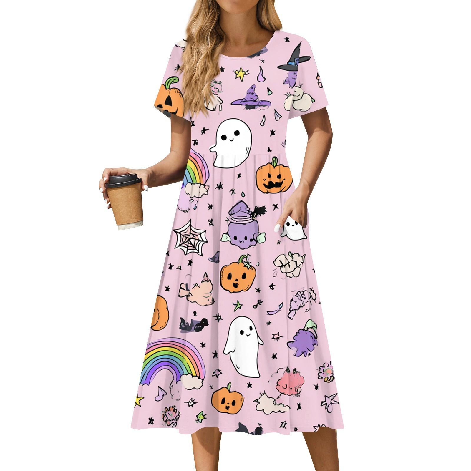 

Women s Casual Fashion Halloween Printed Short Sleeve Round Neck Dress L