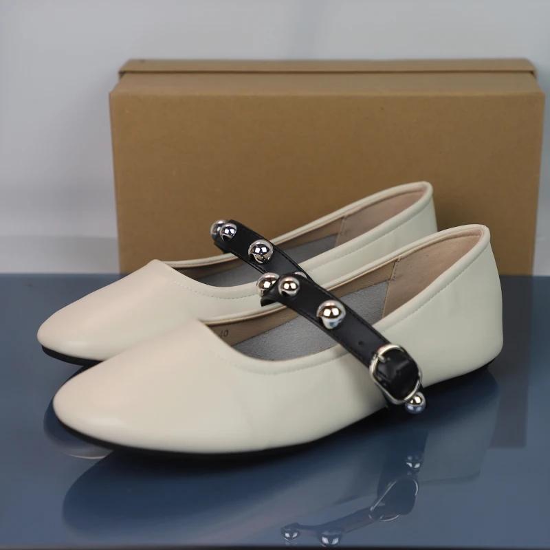 

Модная Высококачественная Женская Обувь Мэри Джейн Балетного Стиля Круглый Носок 2025 Осень Легкая Кожаная Обувь Заклепки Декор Балетки для Леди 42
