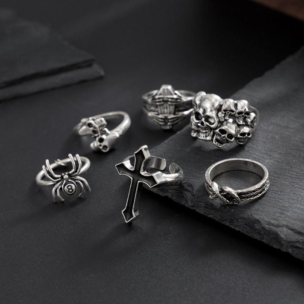6 Stück/Set Punk Herren Ring Set Goth Skelett Ringe Hip Hop Skelett Totenkopf Ringe Set Schmuckzubehör