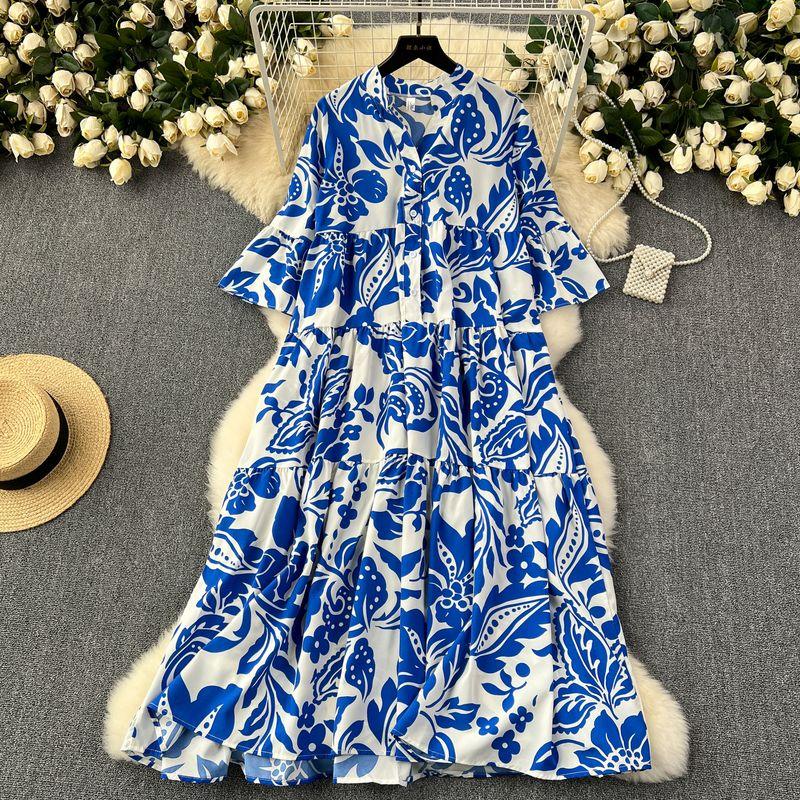 

Plus Size Women s Clothing Idle Style Loose Print Dress Women s Trendy Anti-Aging Slimming Elegant Flab Hiding Draping Effect Long Dress Dark blue All yards