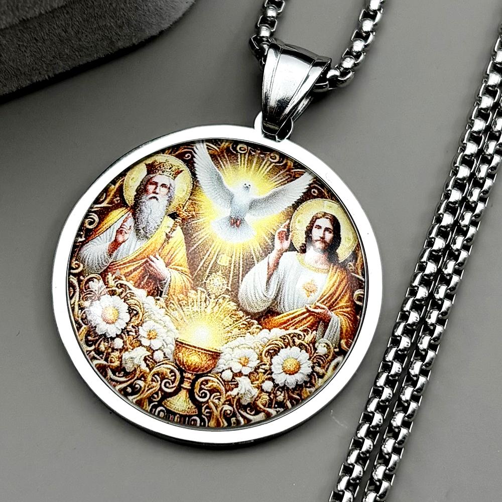 Holy Trinity Father Son Spirit Medal Flower Glass Pendant Necklace for Women Men Stainless Steel Christian Amulet Chain Jewelry