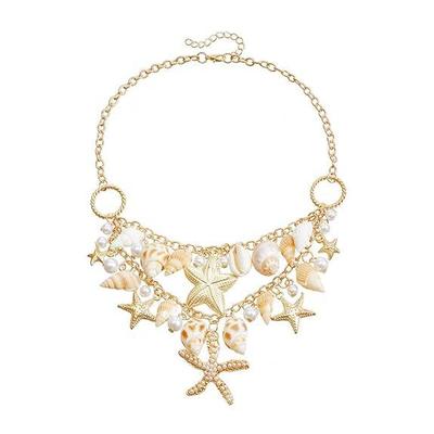 Necklace for Women Girls Boho Seashell Conch Starfish Pendant Pearl Necklace Golden Metal Choker Layered Adjustable  Chains