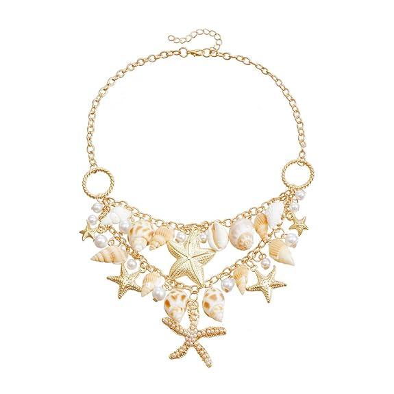 Necklace for Women Girls Boho Seashell Conch Starfish Pendant Pearl Necklace Golden Metal Choker Layered Adjustable Chains