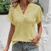 Summer V Neck Loose Women Shirt Casual Short Sleeve Hollow Jacquard Top
