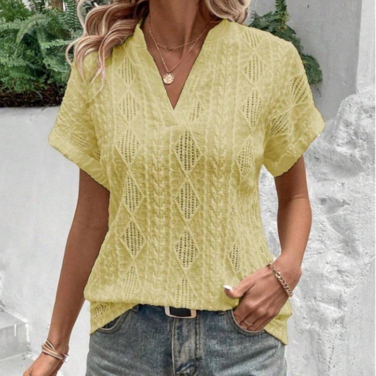 Summer V Neck Loose Women Shirt Casual Short Sleeve Hollow Jacquard Top