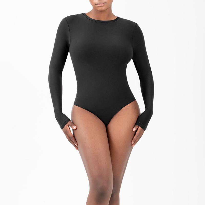 

Боді з довгим рукавом, що відчувається як друга шкіра, з круглим вирізом для йоги та фітнесу Large чорний