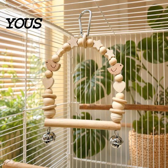 Wooden Blocks Bird Chew Toy Parrot Swing Perch, Toy, Beaded Arch Play Gym with Bells or Pine Cones, Cage Accessories for Parakeet Cockatiel