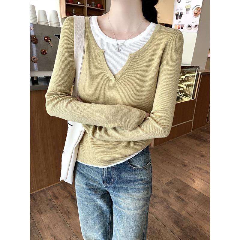 Spring splicing contrasting color fake two-piece knitted sweater femininity collar high-end long-sleeved top bottoming shirt