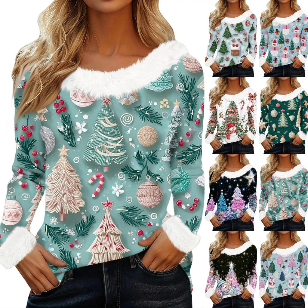 Women's Fashion Long Sleeve Christmas V-Neck Printed Party Furry Top