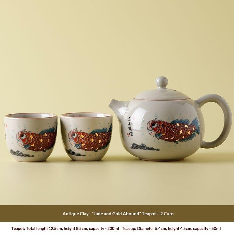 Archaized Clay Xi Shi Teapot Goldfish 1 Pot 2 Cups Teaware Bell Cup Ceramic Gongfu Tea Set for Home Office Business Tea Maker