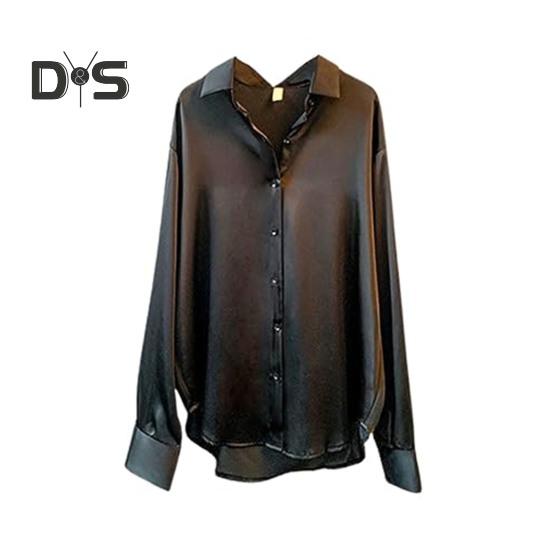 

Женская рубашка с лацканами, длинный рукав, однобортная рубашка, однотонная, гладкая, атласная, свободная, универсальная рубашка XXXL чёрный