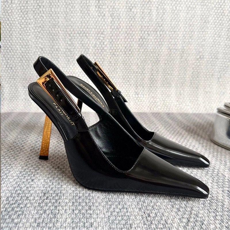 2025 new pointed head temperament high heels female royal sister style patent leather sexy gold fine heel high sense bag head single shoes